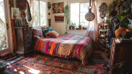 A bohemian bedroom with colorful textiles, eclectic decor, and a cozy reading nook, embodying free-spirited style.の素材