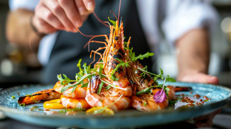 A chef presenting a beautifully plated dish of grilled freshwater prawns with colorful garnishes, showcasing culinary expertise.の素材