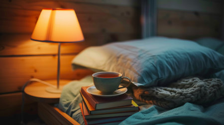 A bedside table with a modern lamp, a stack of books, and a cup of tea, creating a perfect night-time reading nook.の素材