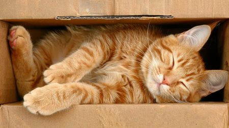 A chubby orange tabby cat snoozing contentedly in a small cardboard box, with its paws hanging over the edges.の素材