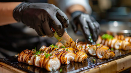A chef slicing grilled squid into bite-sized pieces, arranging them on a platter for serving at a restaurant.の素材
