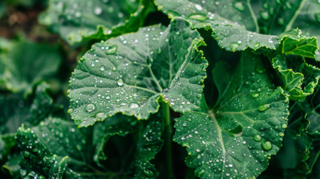 A close-up of a leafy green plant with dewdrops, providing a refreshing and natural atmosphere.の素材