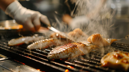 A chef flipping fish fillets on a hot grill with expert precision, ensuring each piece is cooked to perfection.の素材