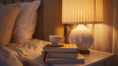 A bedside table with a modern lamp, a stack of books, and a cup of tea, creating a perfect night-time reading nook.の素材