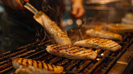 A chef flipping fish fillets on a hot grill with expert precision, ensuring each piece is cooked to perfection.の素材
