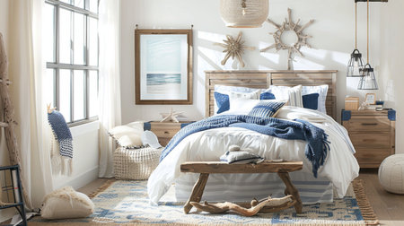 A coastal bedroom with nautical decor, ocean-inspired hues, and driftwood accents, bringing the beach indoors.の素材