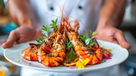 A chef presenting a beautifully plated dish of grilled freshwater prawns with colorful garnishes, showcasing culinary expertise.の素材