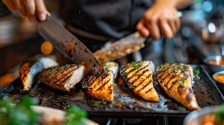 A chef slicing grilled fish into bite-sized pieces, arranging them on a platter for serving at a restaurant.の素材