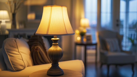 A classic table lamp with a fabric shade, placed on a side table in a cozy, well-decorated living room.の素材