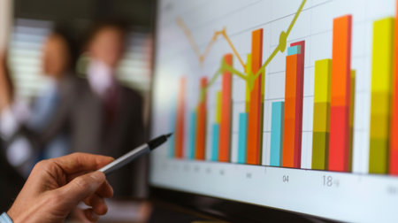A businessperson presenting a financial bar graph on a projector screen during a corporate meeting.の素材