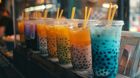 A colorful bubble milk tea menu board outside a trendy cafe, enticing passersby to try different flavors.の素材