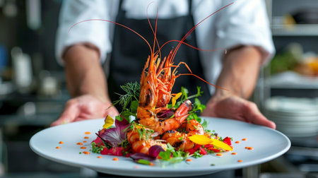 A chef presenting a beautifully plated dish of grilled freshwater prawns with colorful garnishes, showcasing culinary expertise.の素材