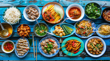 A colorful Thai food spread featuring som tam, grilled chicken, pad thai, and other popular dishes.の素材