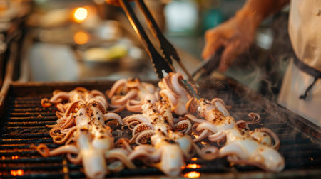 A chef grilling fresh squid on a hot barbecue grill, turning them with tongs for even cooking and charringの素材