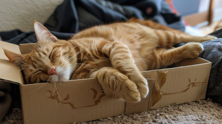 A chubby orange tabby cat snoozing contentedly in a small cardboard box, with its paws hanging over the edges.の素材