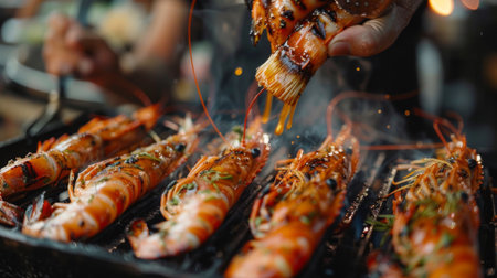 A close-up of marinated freshwater prawns being prepared for grilling, with the chef brushing on flavorful sauce for added taste.の素材