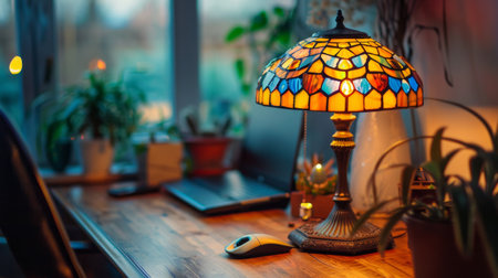 A beautiful Tiffany-style lamp on a wooden desk, its vibrant colors creating a warm and inviting workspace.の素材