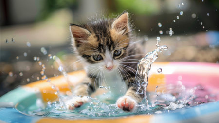 A playful kitten splashing water with its paws in a small, colorful plastic pool.の素材