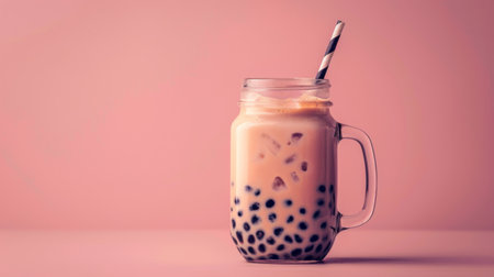 A refreshing bubble milk tea served in a mason jar with a striped straw, perfect for a hot summer day.の素材