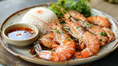 A plate of steamed freshwater prawns served with dipping sauce and a side of fragrant jasmine rice, ready to be savored.の素材