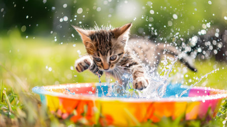 A playful kitten splashing water with its paws in a small, colorful plastic pool.の素材
