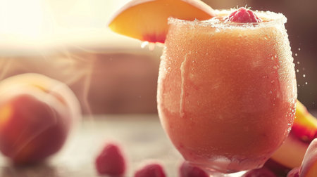 A refreshing peach and raspberry smoothie served in a frosted glass, with a peach slice on the rim.の素材