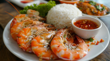 A plate of steamed freshwater prawns served with dipping sauce and a side of fragrant jasmine rice, ready to be savored.の素材