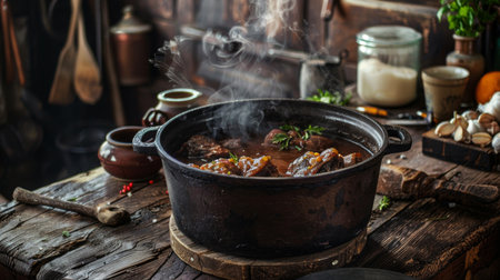 A rustic kitchen scene with a pot of simmering pork ribs in a savory broth, filling the air with aroma.の素材