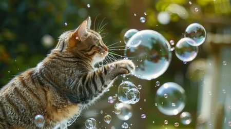 A playful cat chasing water bubbles created by a bubble maker, leaping into the air.の素材