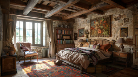 A rustic bedroom with wooden furniture, exposed beams, and cozy textiles, evoking a sense of warmth and comfortの素材