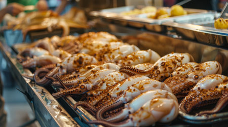 A seafood market stall displaying fresh whole squid ready to be cleaned, prepared, and grilled to perfection.の素材