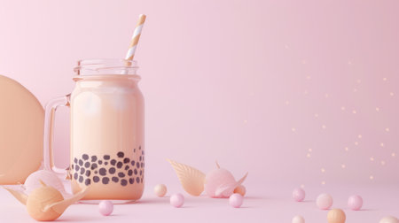 A refreshing bubble milk tea served in a mason jar with a striped straw, perfect for a hot summer day.の素材