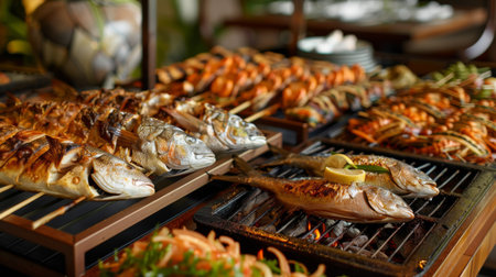 A seafood buffet spread featuring an array of grilled fish dishes, offering diners a taste of coastal delicacies.の素材