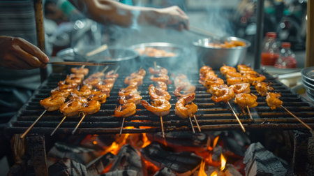 A street food vendor grilling skewered freshwater prawns over hot coals, attracting passersby with the aroma of sizzling seafood.の素材