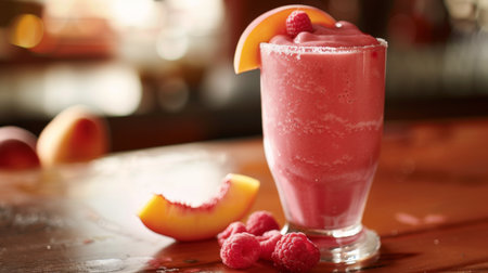 A refreshing peach and raspberry smoothie served in a frosted glass, with a peach slice on the rim.の素材