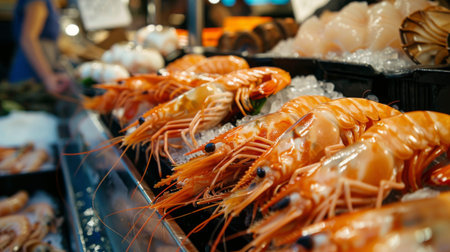 A seafood market stall displaying a selection of fresh live freshwater prawns, ready to be cleaned and prepared for cooking.の素材