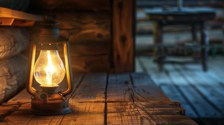 A rustic wooden table with a vintage oil lamp casting soft light, creating a nostalgic atmosphere.の素材