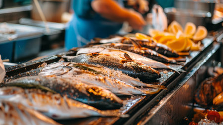 A seafood market stall displaying fresh whole fish ready to be cleaned, prepared, and grilled to perfection.の素材