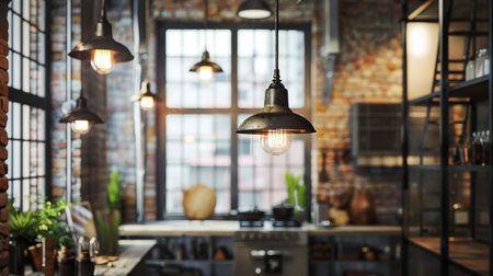 A set of industrial-style lamps hanging from the ceiling in a trendy loft apartment, adding a chic touch.の素材