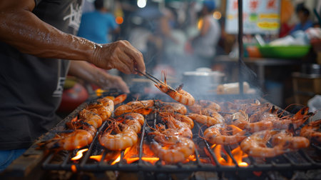 A street food vendor grilling skewered freshwater prawns over hot coals, attracting passersby with the aroma of sizzling seafood.の素材