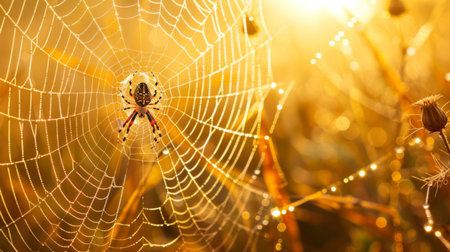 A spider weaving its web in the early morning light, with dew drops highlighting the silk threads.の素材