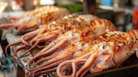 A seafood market stall displaying fresh whole squid ready to be cleaned, prepared, and grilled to perfection.の素材