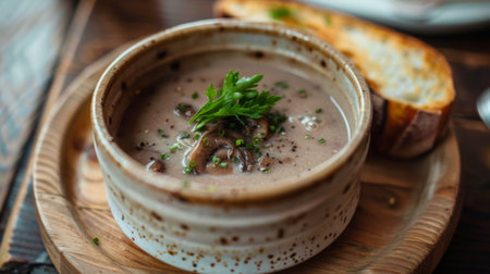 A rustic mushroom soup served in a ceramic bowl, with a slice of crusty bread on the side for dipping.の素材