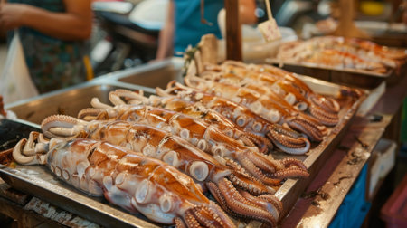 A seafood market stall displaying fresh whole squid ready to be cleaned, prepared, and grilled to perfection.の素材