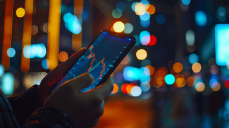 A smartphone screen showing a stock market graph, with a businessperson analyzing the data.の素材