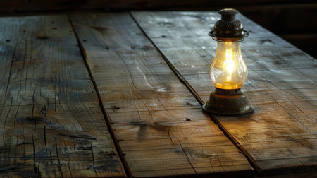 A rustic wooden table with a vintage oil lamp casting soft light, creating a nostalgic atmosphere.の素材