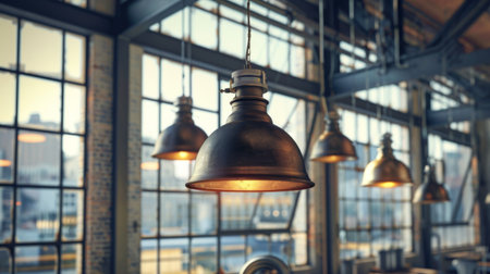 A set of industrial-style lamps hanging from the ceiling in a trendy loft apartment, adding a chic touch.の素材