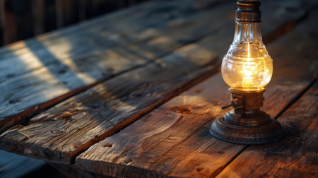 A rustic wooden table with a vintage oil lamp casting soft light, creating a nostalgic atmosphere.の素材