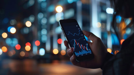 A smartphone screen displaying a stock market graph with rising and falling trends, held by a businessperson.の素材
