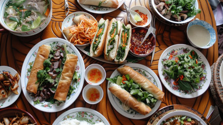 A table set with a variety of Vietnamese dishes, including mieng kham, pho, spring rolls, and banh mi sandwiches.の素材